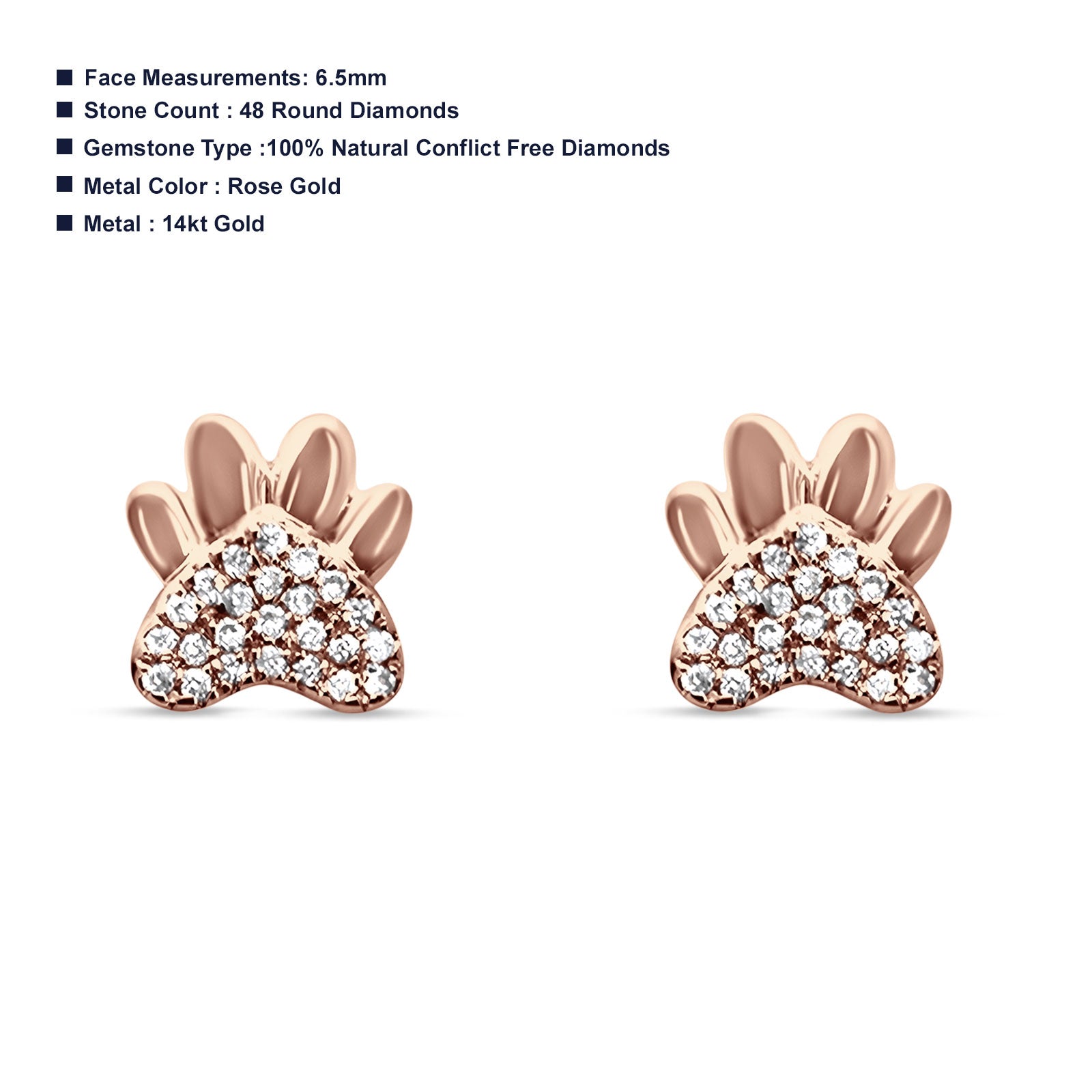 Diamond Paw Print Stud Earrings- Rose Gold