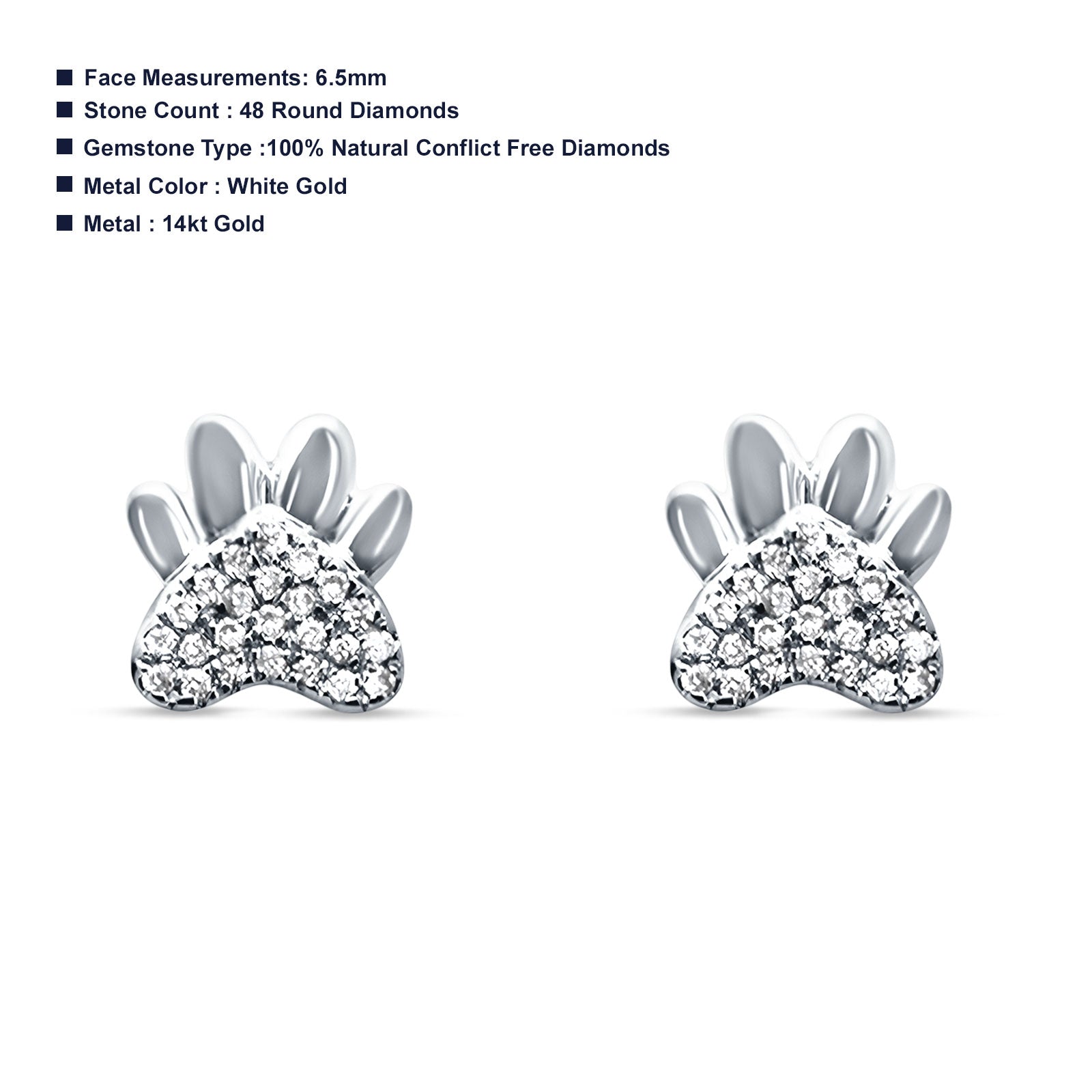 Diamond Paw Print Stud Earrings -white gold