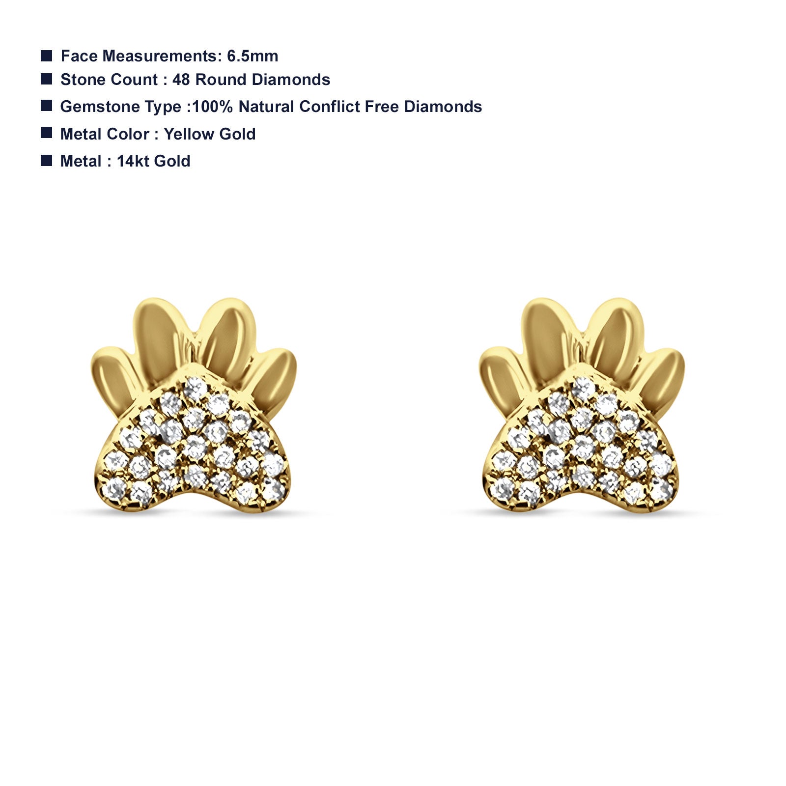 Diamond Paw Print Stud Earrings - Yellow Gold