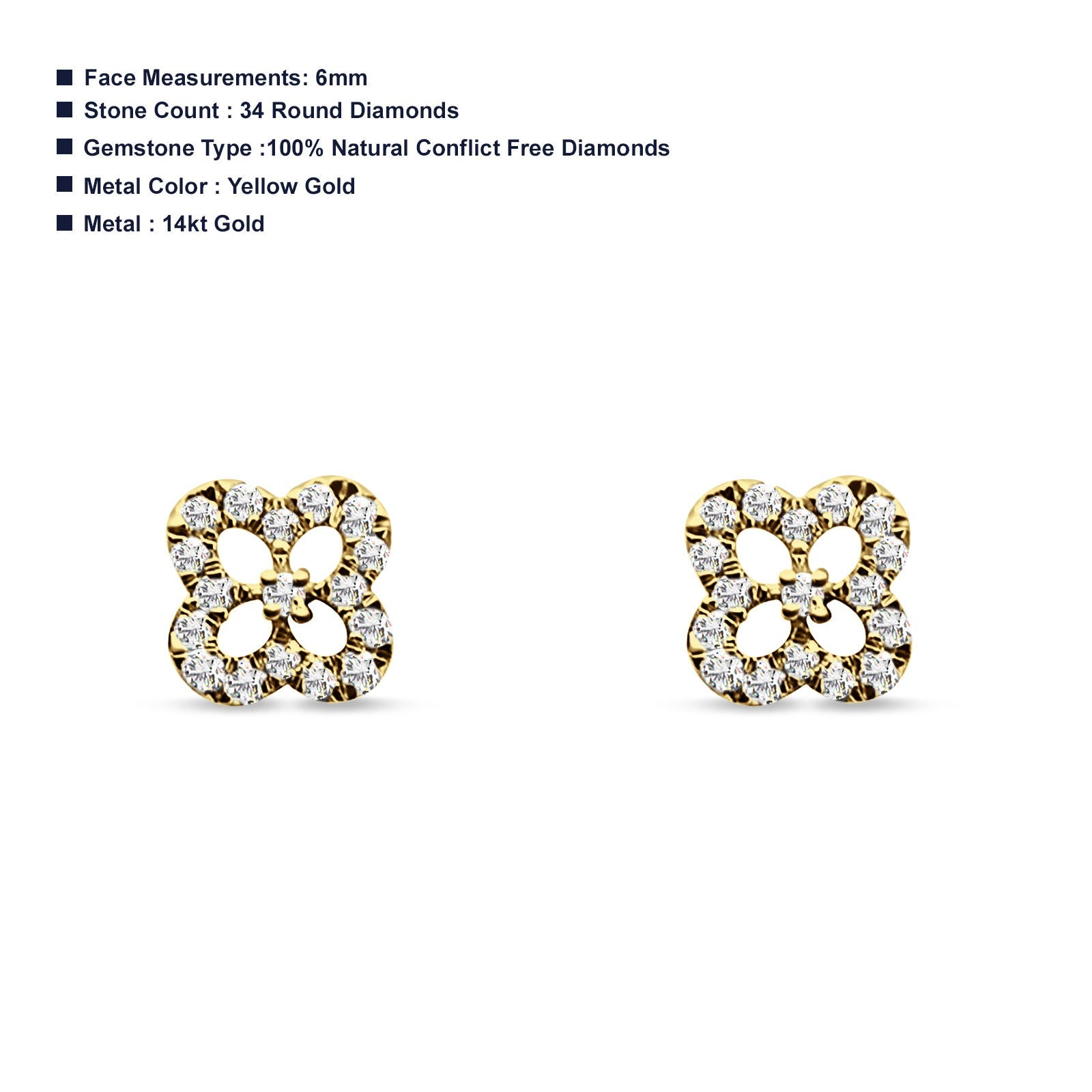 Diamond Clover Stud Earrings 14K Yellow Gold 0.17ct Wholesale