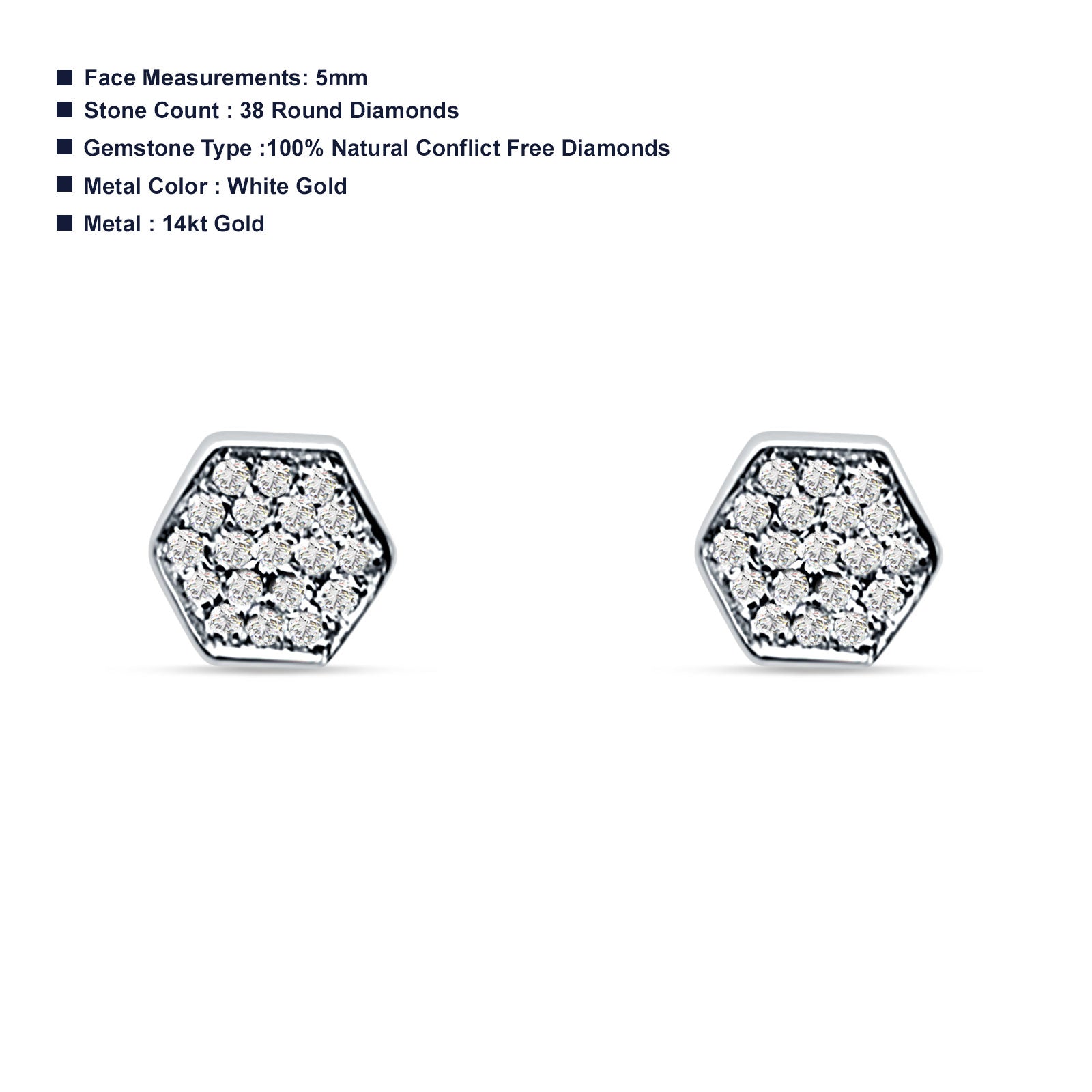 Diamond Stud Earrings Minimalist Hexagon Cluster 14K White Gold 0.06ct Wholesale