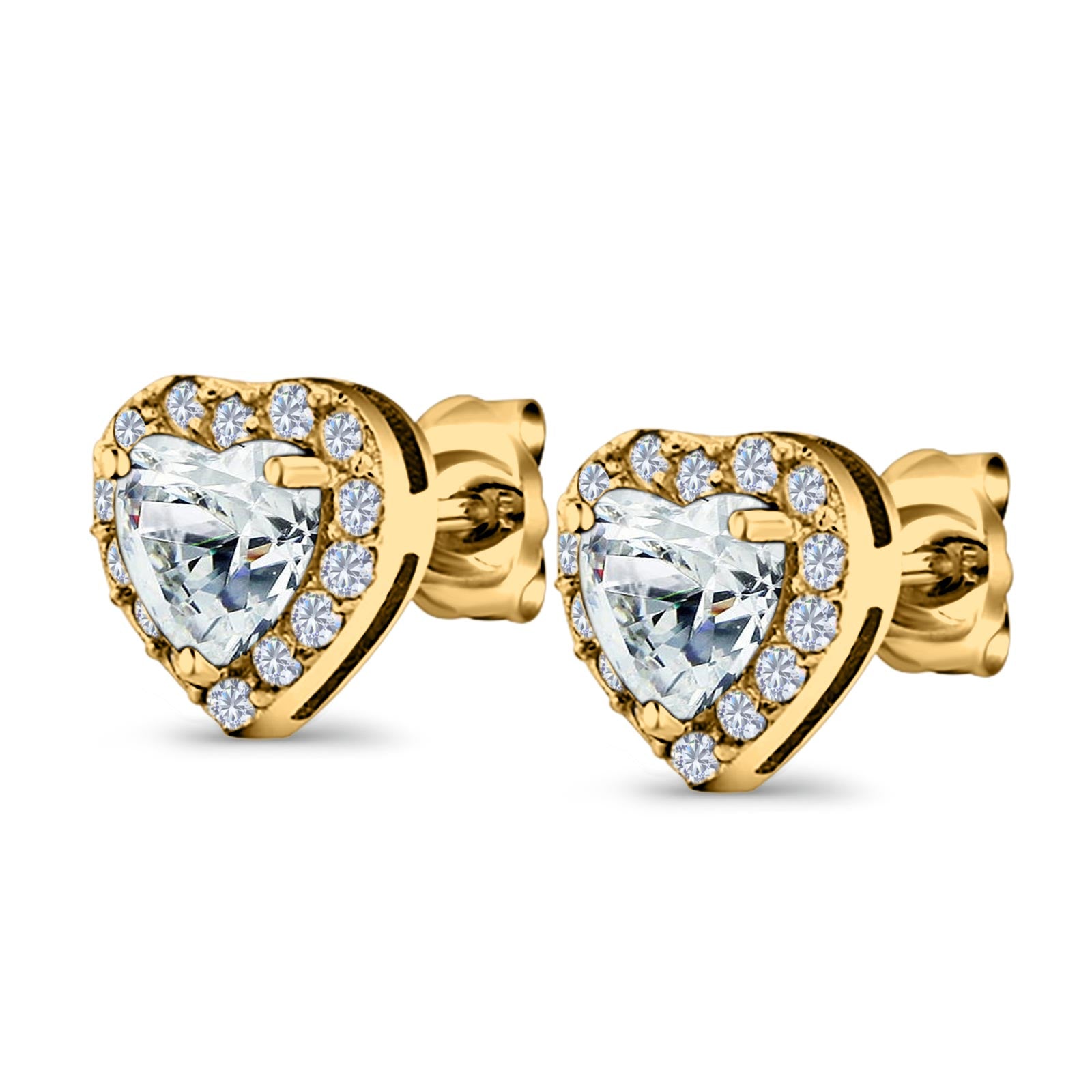 14K Yellow Gold Heart Shape Wedding Stud Earrings Simulated Cubic Zirconia (10mm)