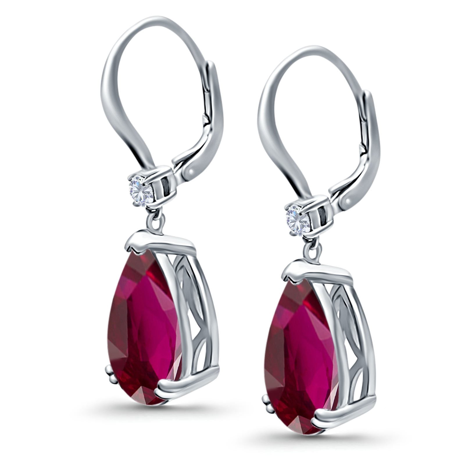 Pear Shape Dangling Leverback Earrings Wedding Simulated Ruby CZ 925 Sterling Silver (22mm)