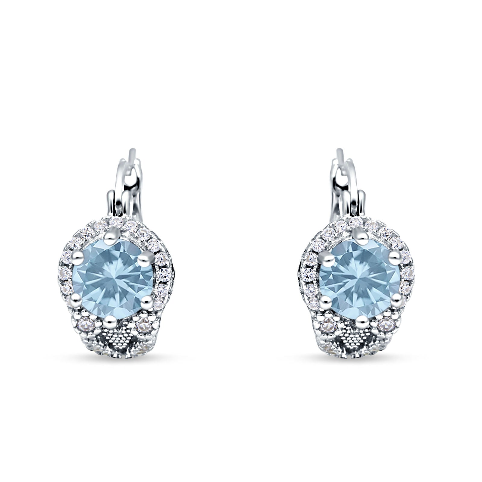 Halo Round Huggie Hoop Earrings Simulated Aquamarine 925 Sterling Silver Wholesale