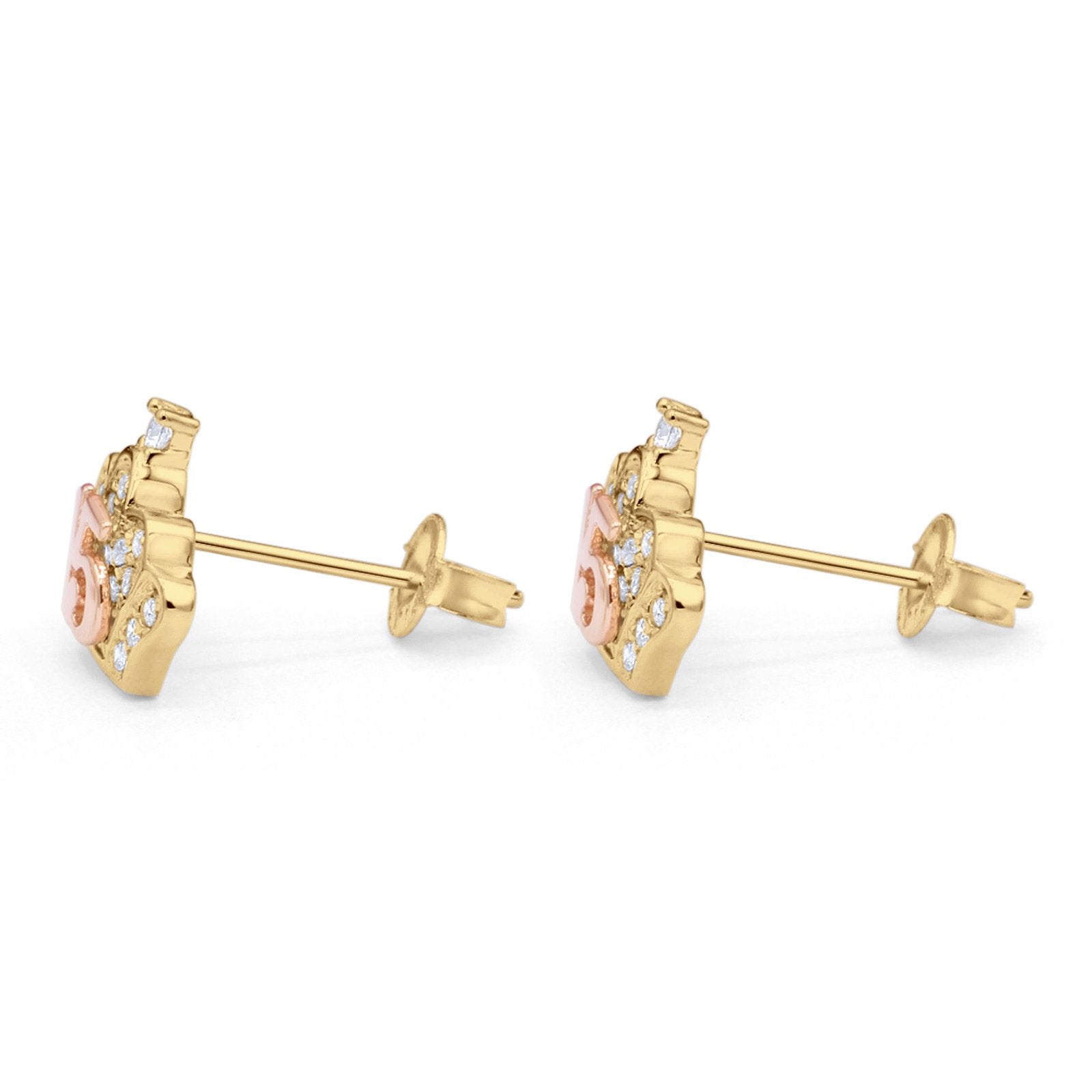 14K Two Tone Gold Solid Micropave Crown Post Tiny Studs Earring Best 15th Birthday Or Anniversary Gift