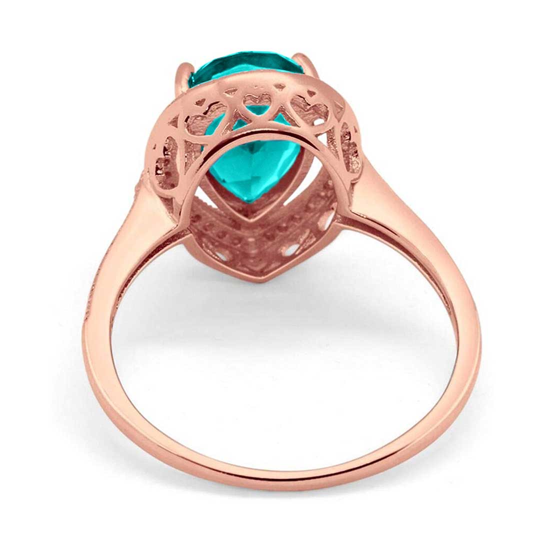 Halo Teardrop Pear Rose Tone, Simulated Paraiba Tourmaline CZ Ring 925 Sterling Silver
