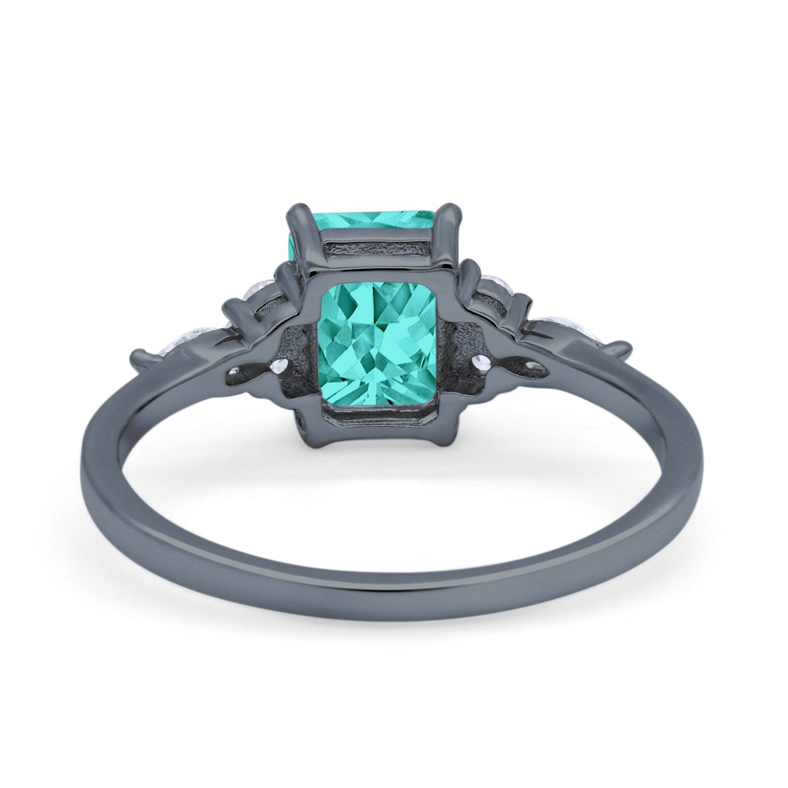 Art Deco Wedding Ring Emerald Cut Black Tone, Simulated Paraiba Tourmaline CZ 925 Sterling Silver