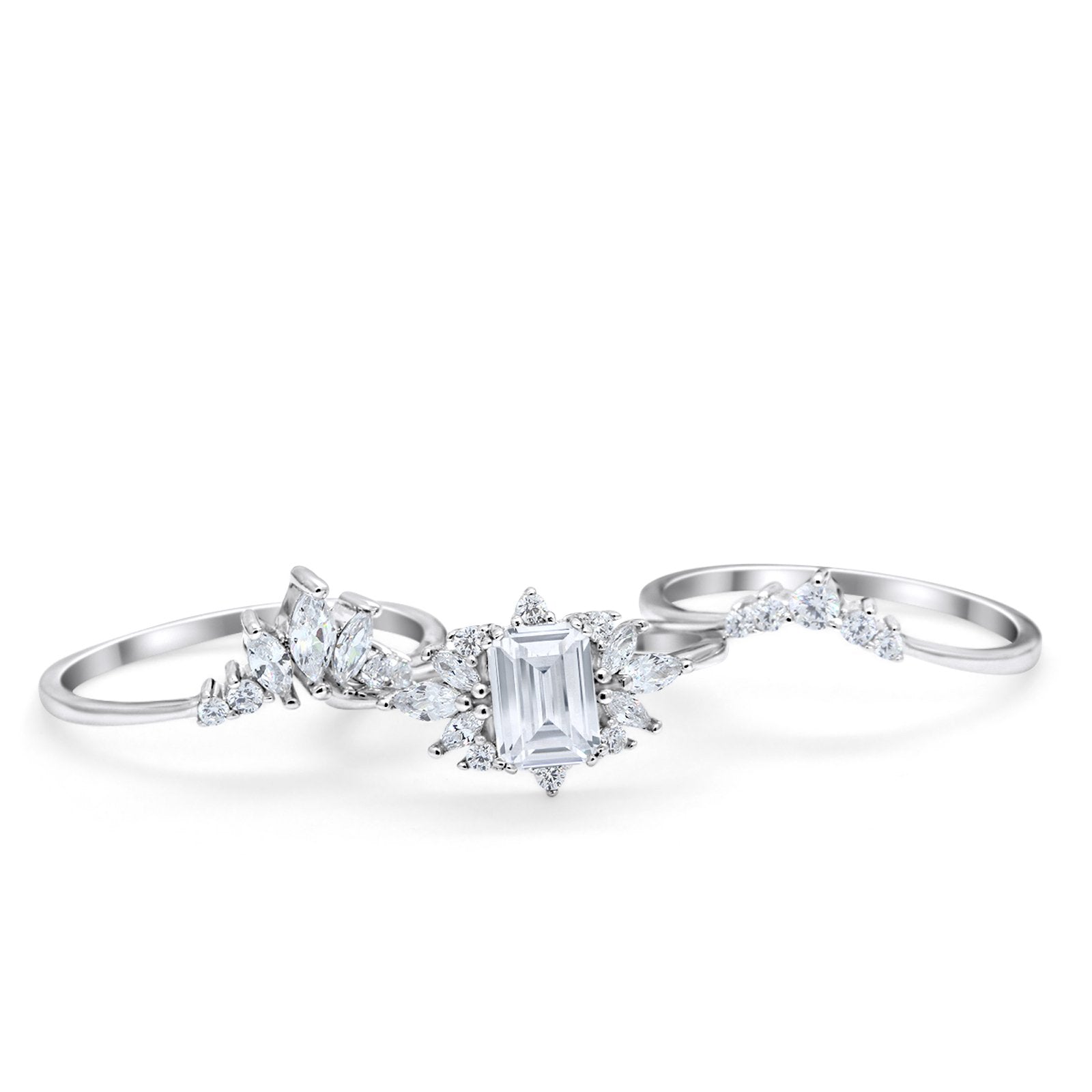 Three Piece Bridal Set Ring Round Simulated Cubic Zirconia 925 Sterling Silver