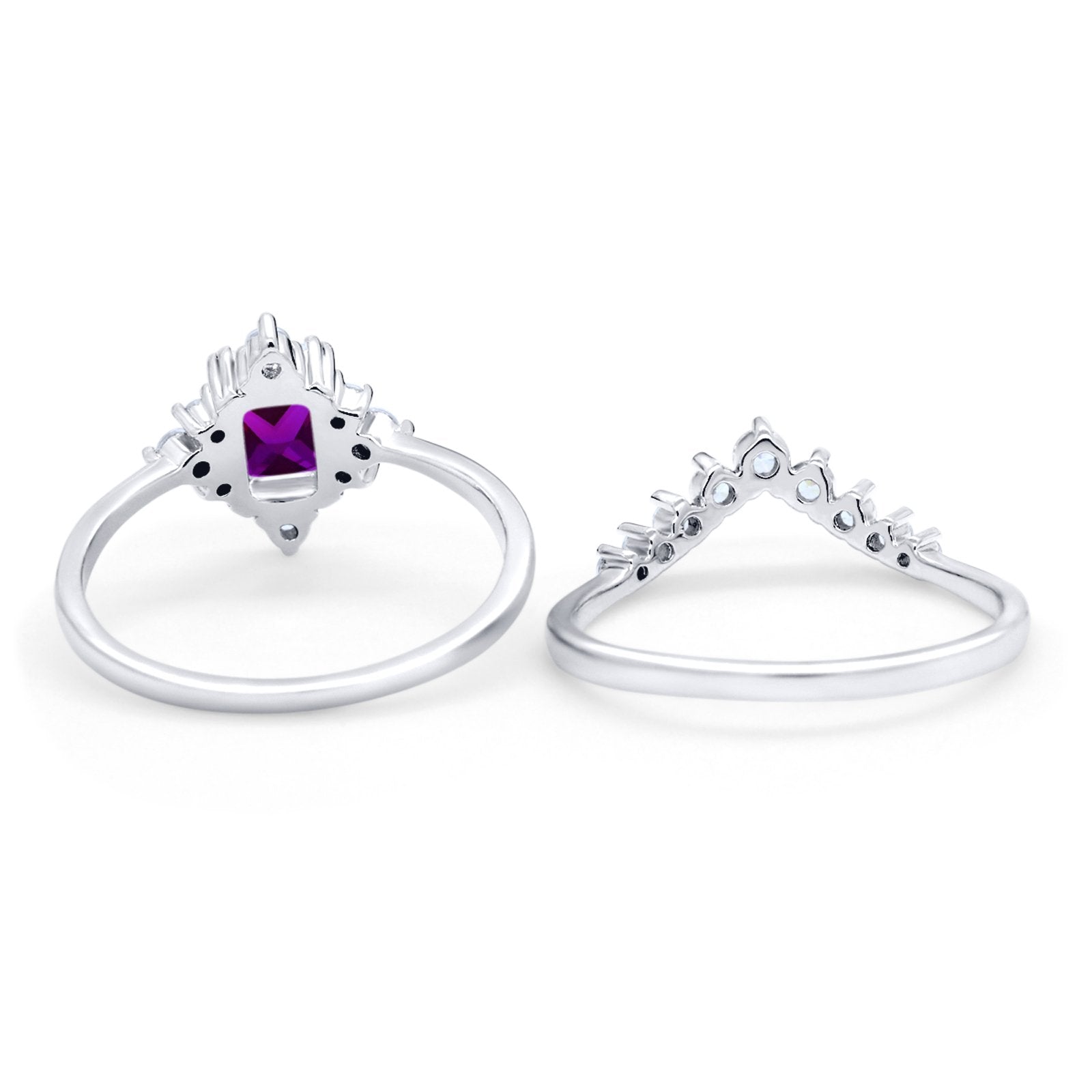 Art Deco Two Piece Wedding Ring Emerald Cut Simulated Amethyst CZ 925 Sterling Silver