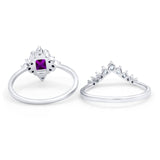 Art Deco Two Piece Wedding Ring Emerald Cut Simulated Amethyst CZ 925 Sterling Silver