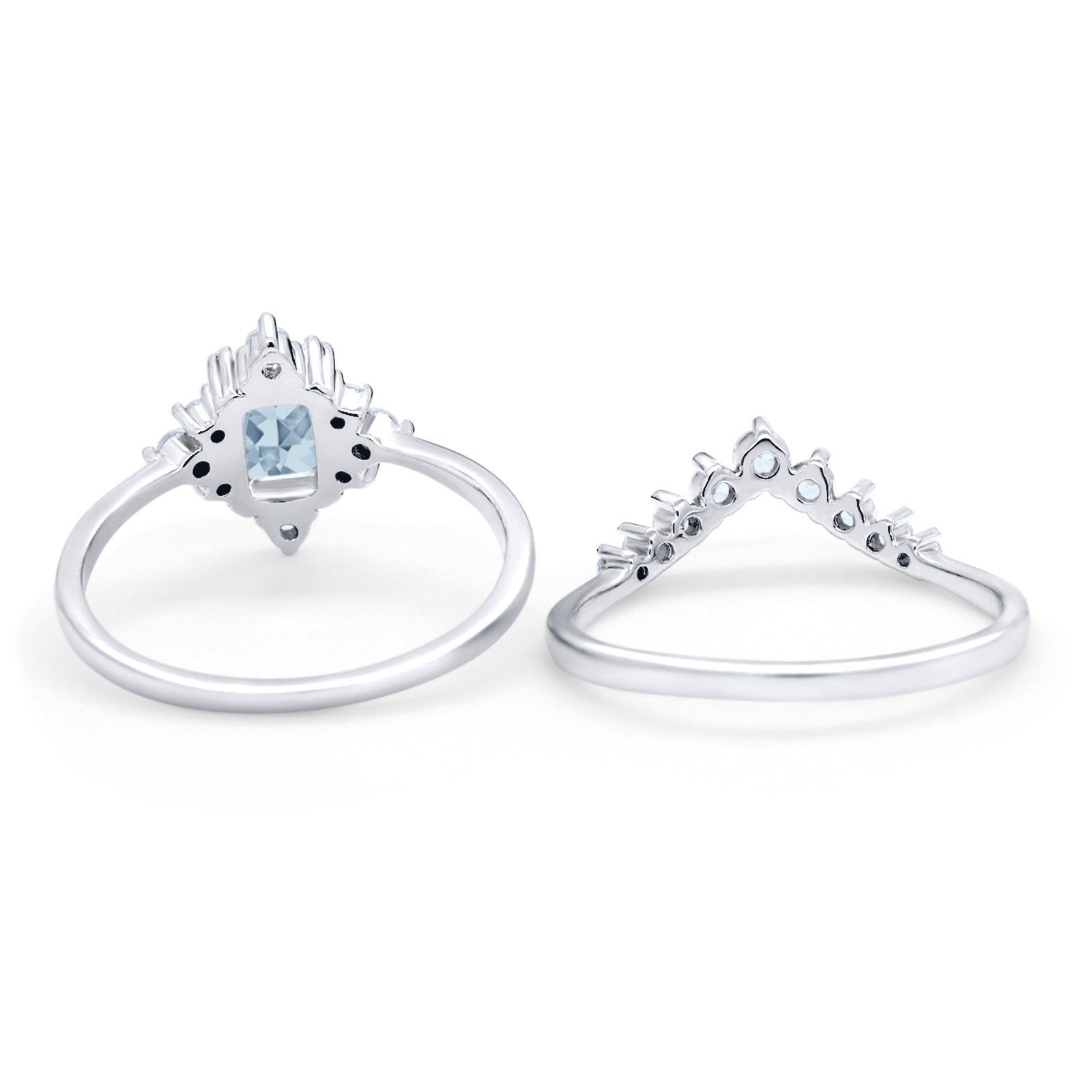 Art Deco Two Piece Wedding Ring Emerald Cut Simulated Aquamarine CZ 925 Sterling Silver