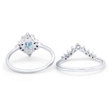 Art Deco Two Piece Wedding Ring Emerald Cut Simulated Aquamarine CZ 925 Sterling Silver
