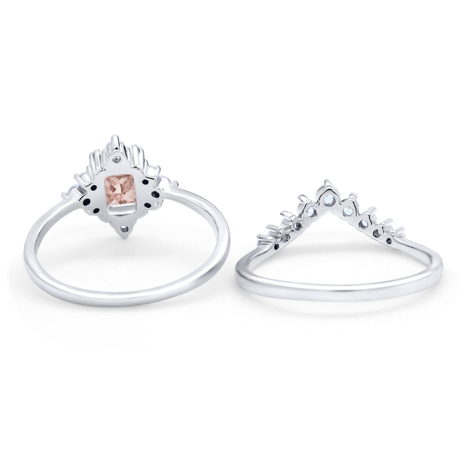 Art Deco Two Piece Wedding Ring Emerald Cut Simulated Morganite CZ 925 Sterling Silver
