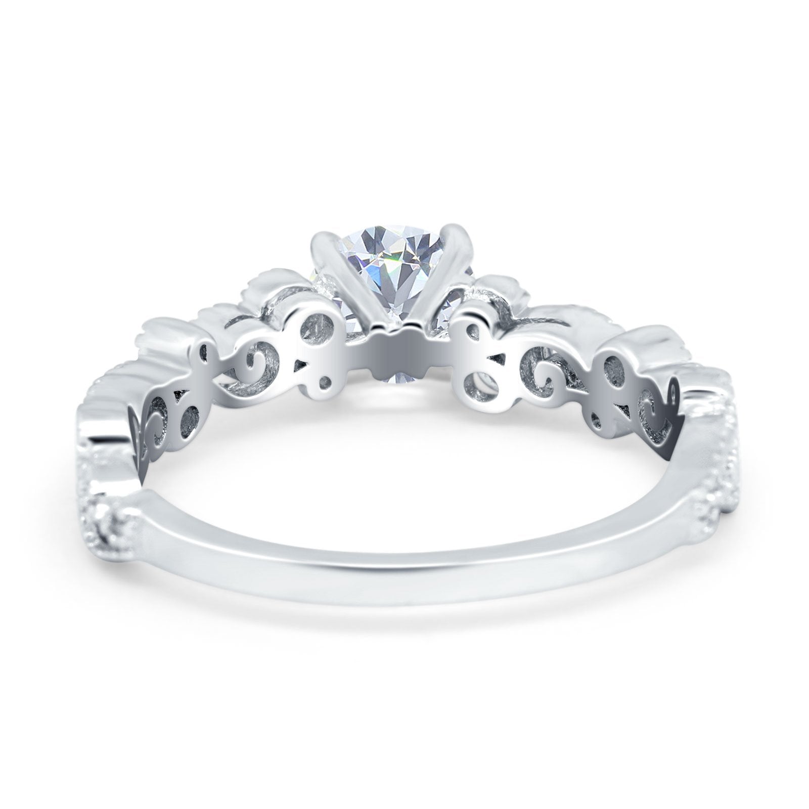 Filigree Art Deco Wedding Ring Round Simulated Cubic Zirconia 925 Sterling Silver