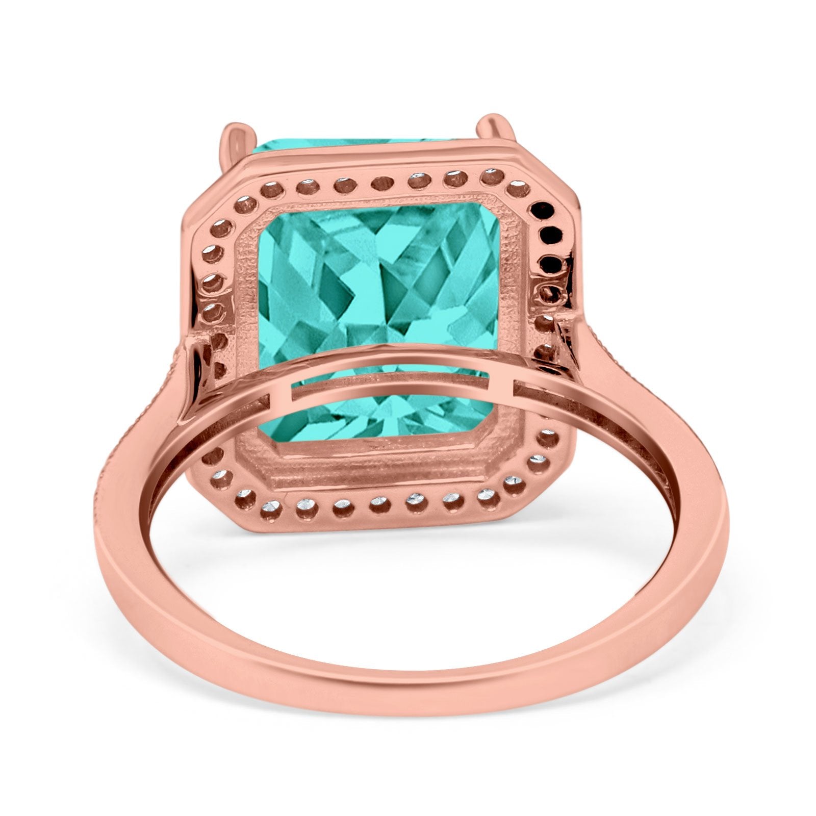 Halo Emerald Cut Engagement Ring Rose Tone, Simulated Paraiba Tourmaline CZ 925 Sterling Silver