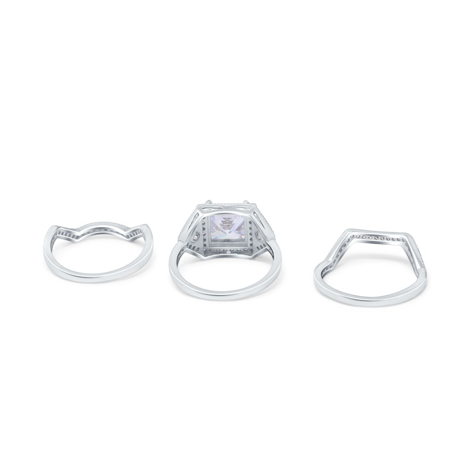 Princess Cut Art Deco Three Piece Bridal Set Wedding Ring Simulated Cubic Zirconia 925 Sterling Silver