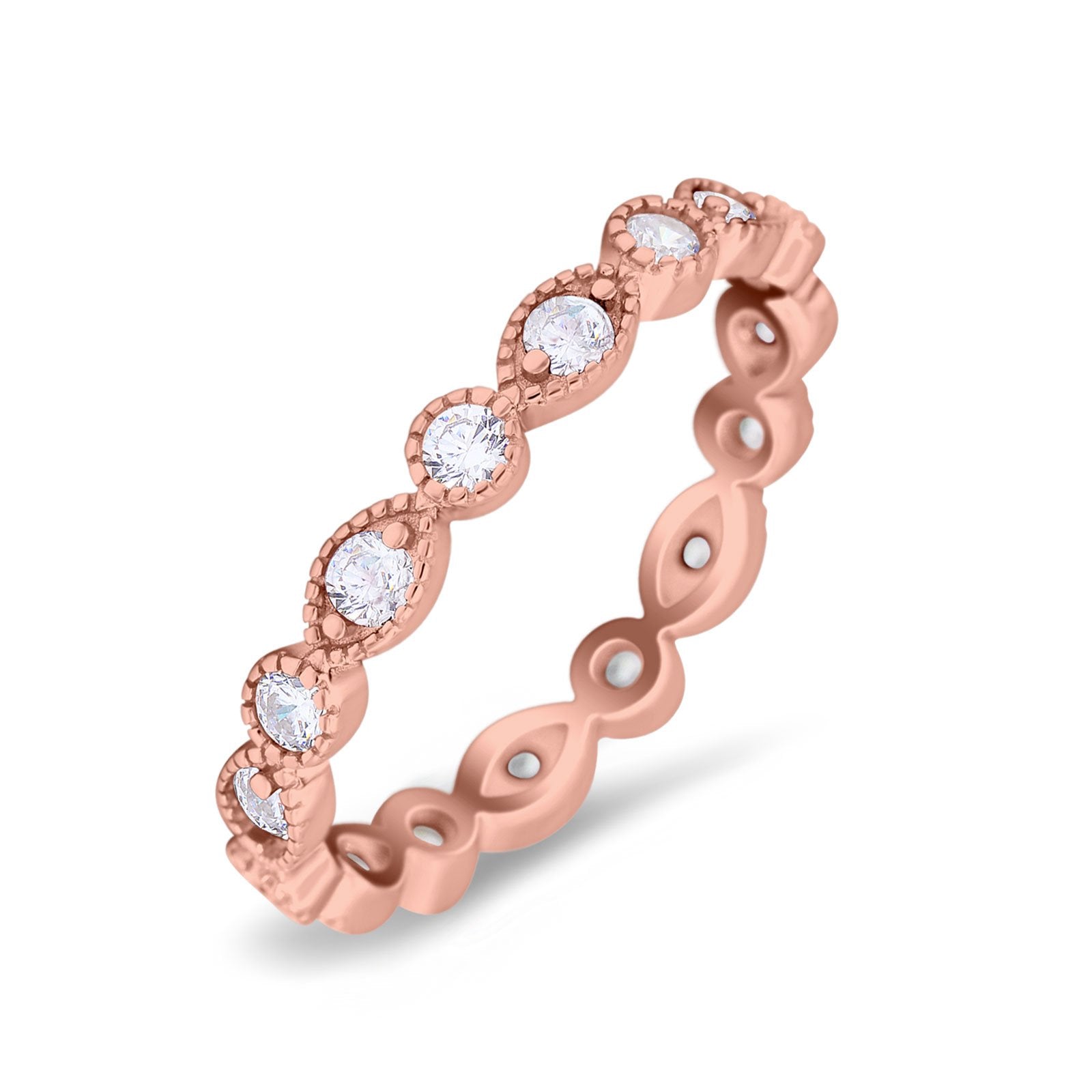 Curved Marquise Full Eternity Stackable Band Rose Tone, Simulated CZ 925 Sterling Silver