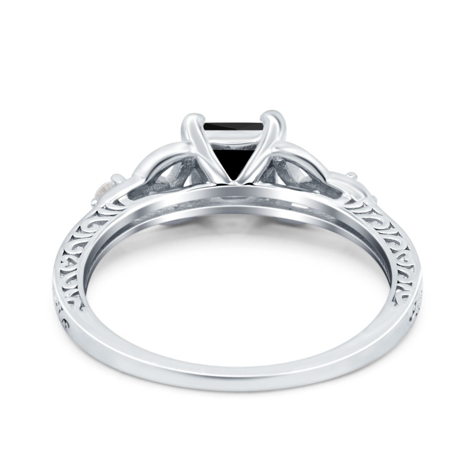 Cushion Celtic Art Deco Engagement Ring Simulated Black CZ 925 Sterling Silver