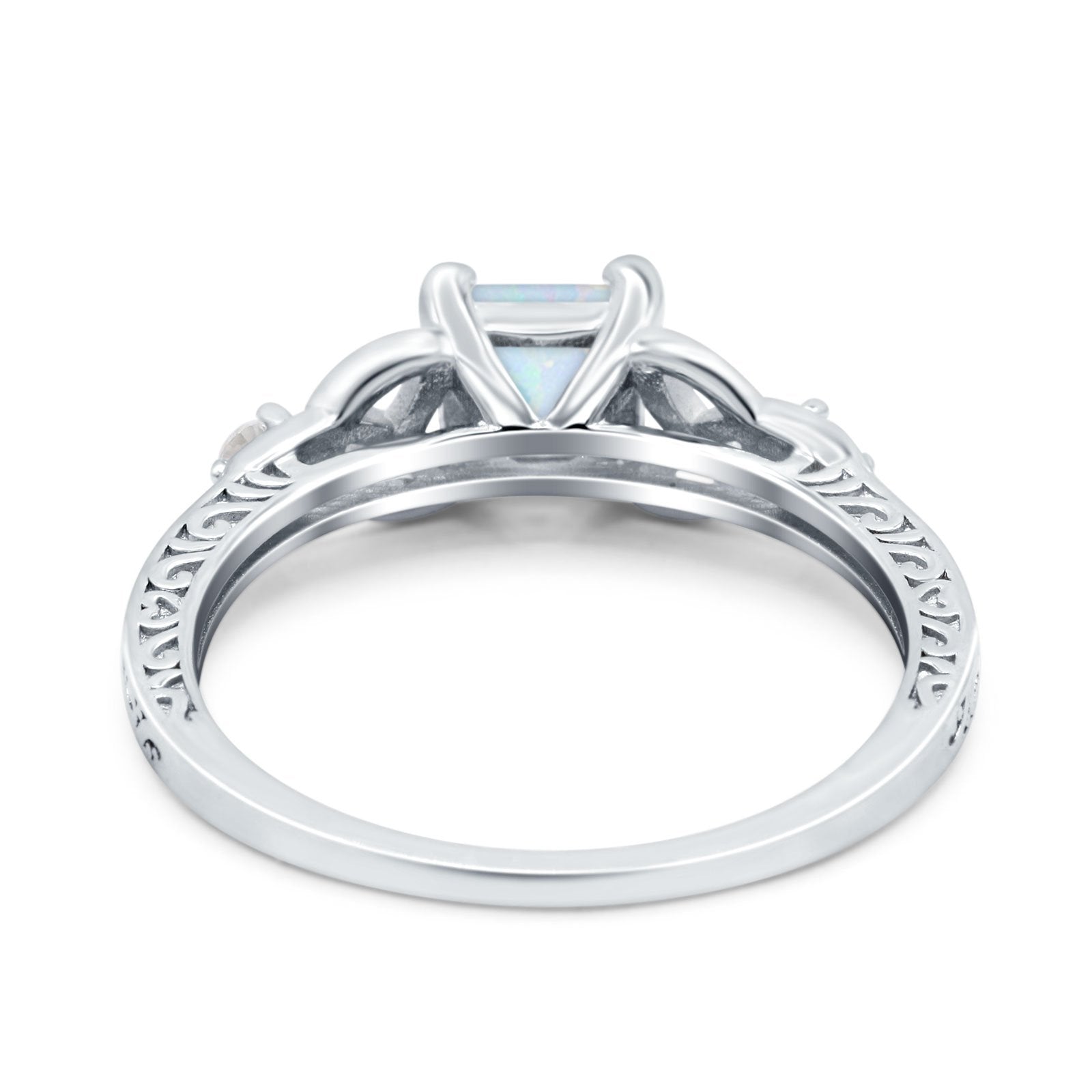 Cushion Celtic Art Deco Engagement Ring Lab Created White Opal 925 Sterling Silver
