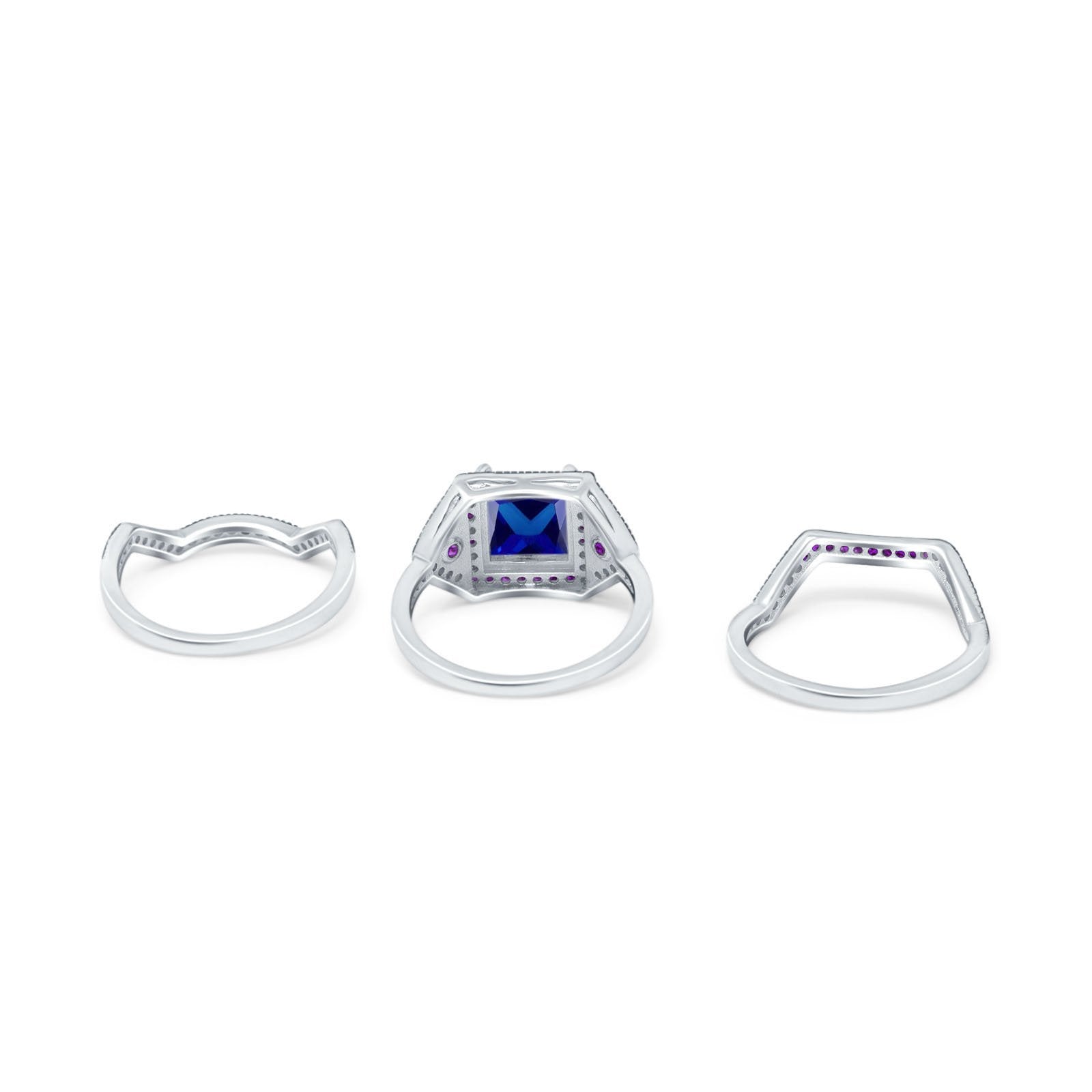 Three Piece Art Deco Princess Cut Wedding Ring Amethyst Simulated Blue Sapphire CZ 925 Sterling Silver