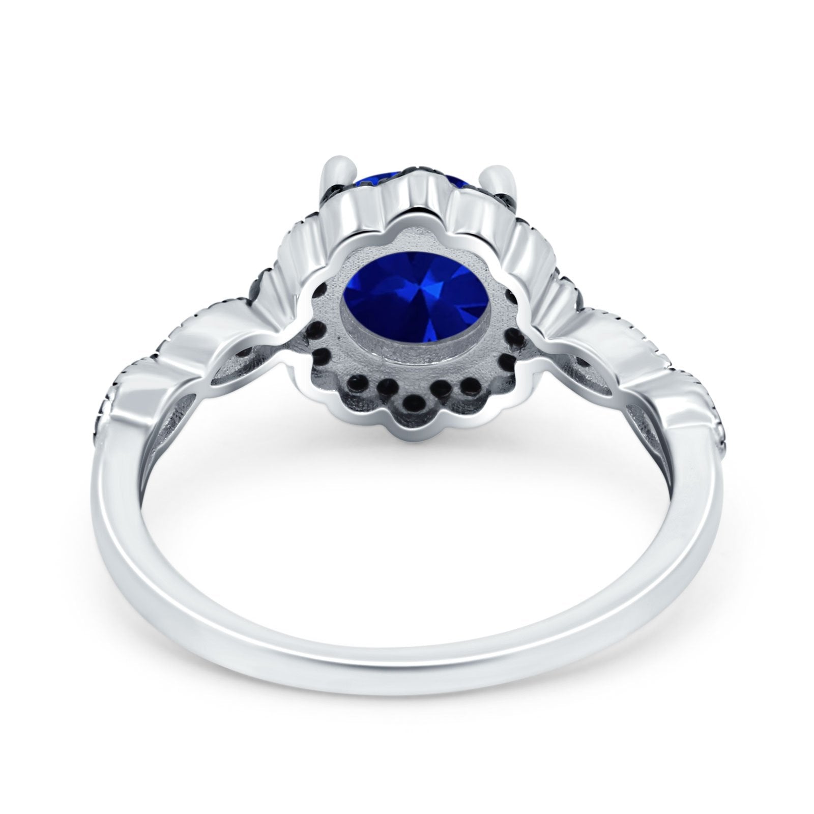 Flower Art Deco Wedding Ring Round Black Simulated Blue Sapphire CZ 925 Sterling Silver