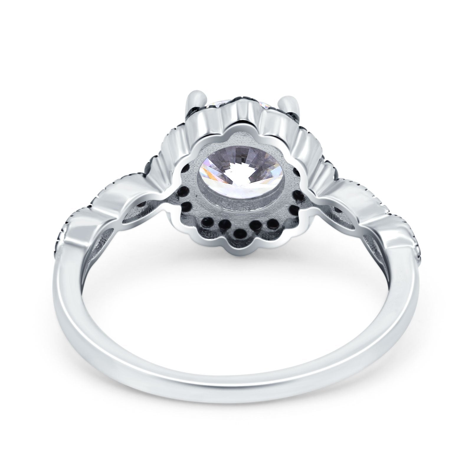 Flower Art Deco Wedding Ring Round Black Simulated Cubic Zirconia 925 Sterling Silver