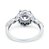 Flower Art Deco Wedding Ring Round Black Simulated Cubic Zirconia 925 Sterling Silver