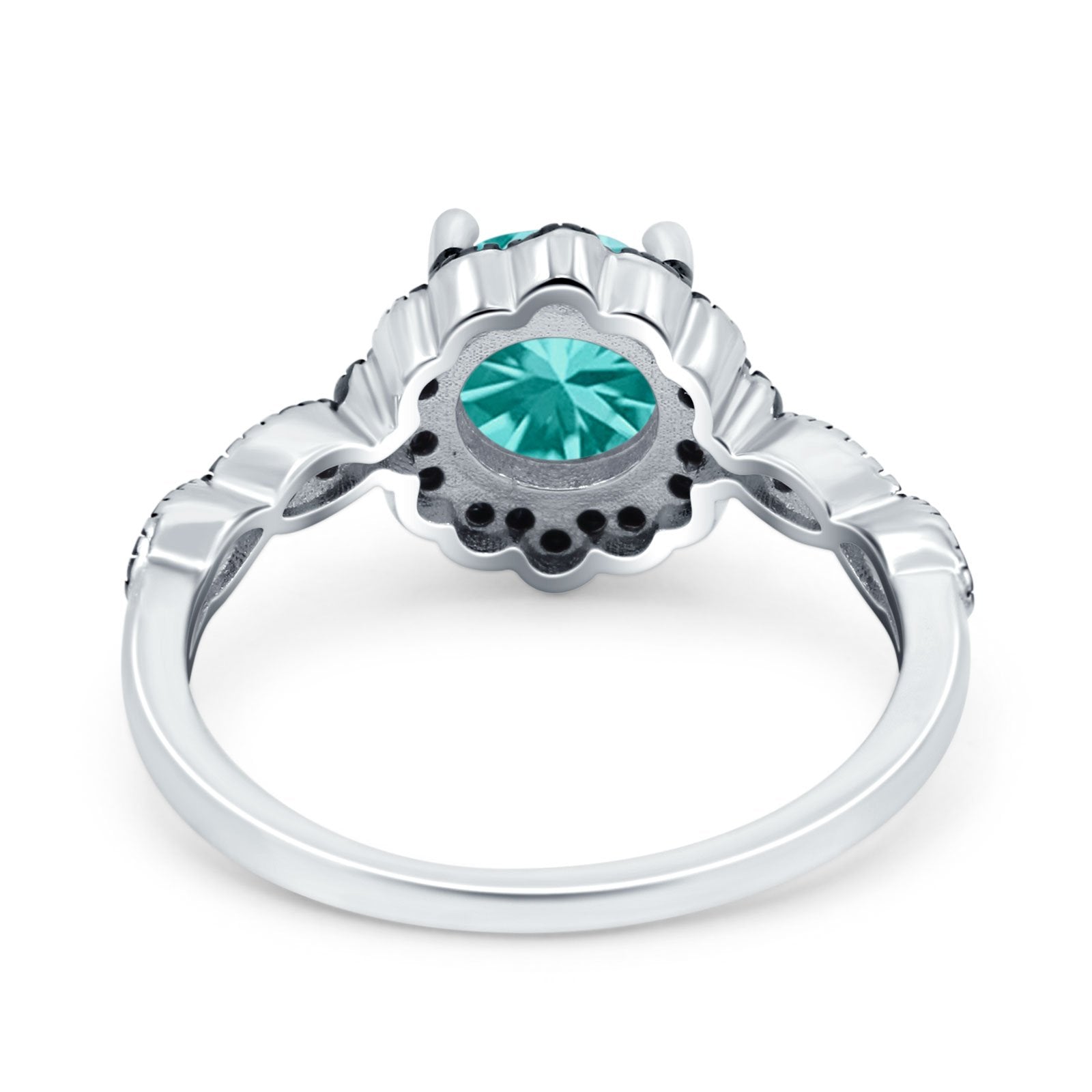 Flower Art Deco Wedding Ring Round Black Simulated Paraiba Tourmaline CZ 925 Sterling Silver