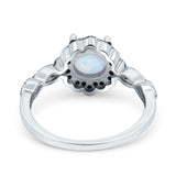 Flower Art Deco Wedding Ring Round Black Lab Created White Opal 925 Sterling Silver