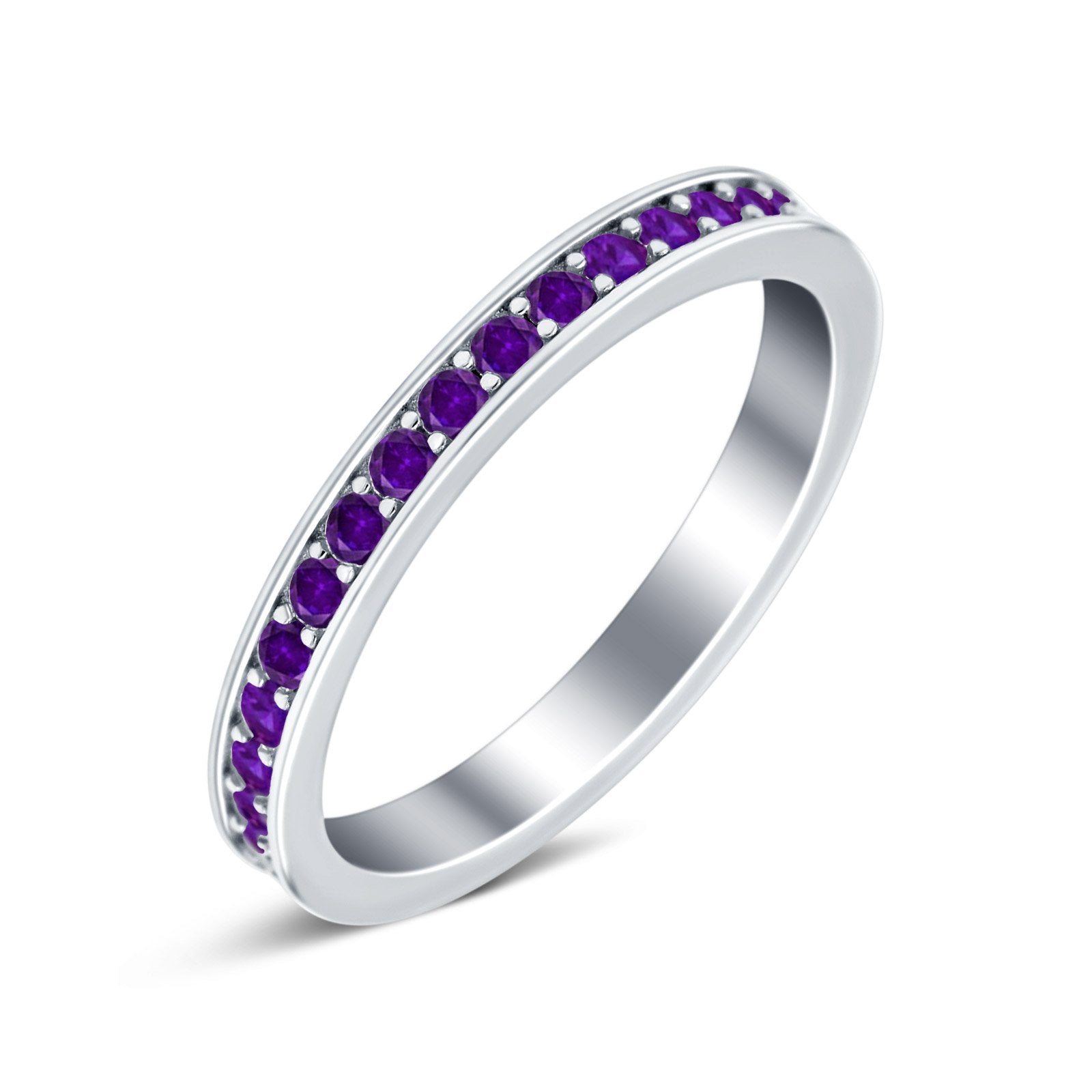 Full Eternity Stackable Band Wedding Ring Simulated Amethyst CZ 925 Sterling Silver