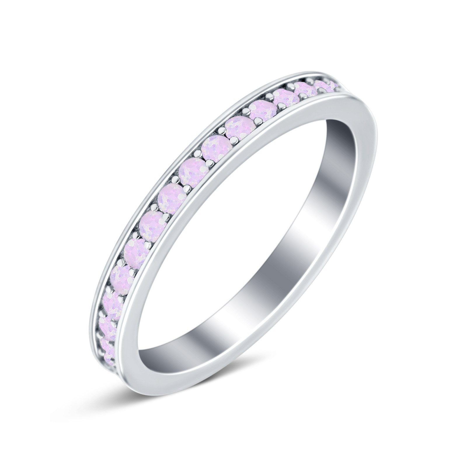 Full Eternity Stackable Band Wedding Ring Lab Created Pink Opal 925 Sterling Silver