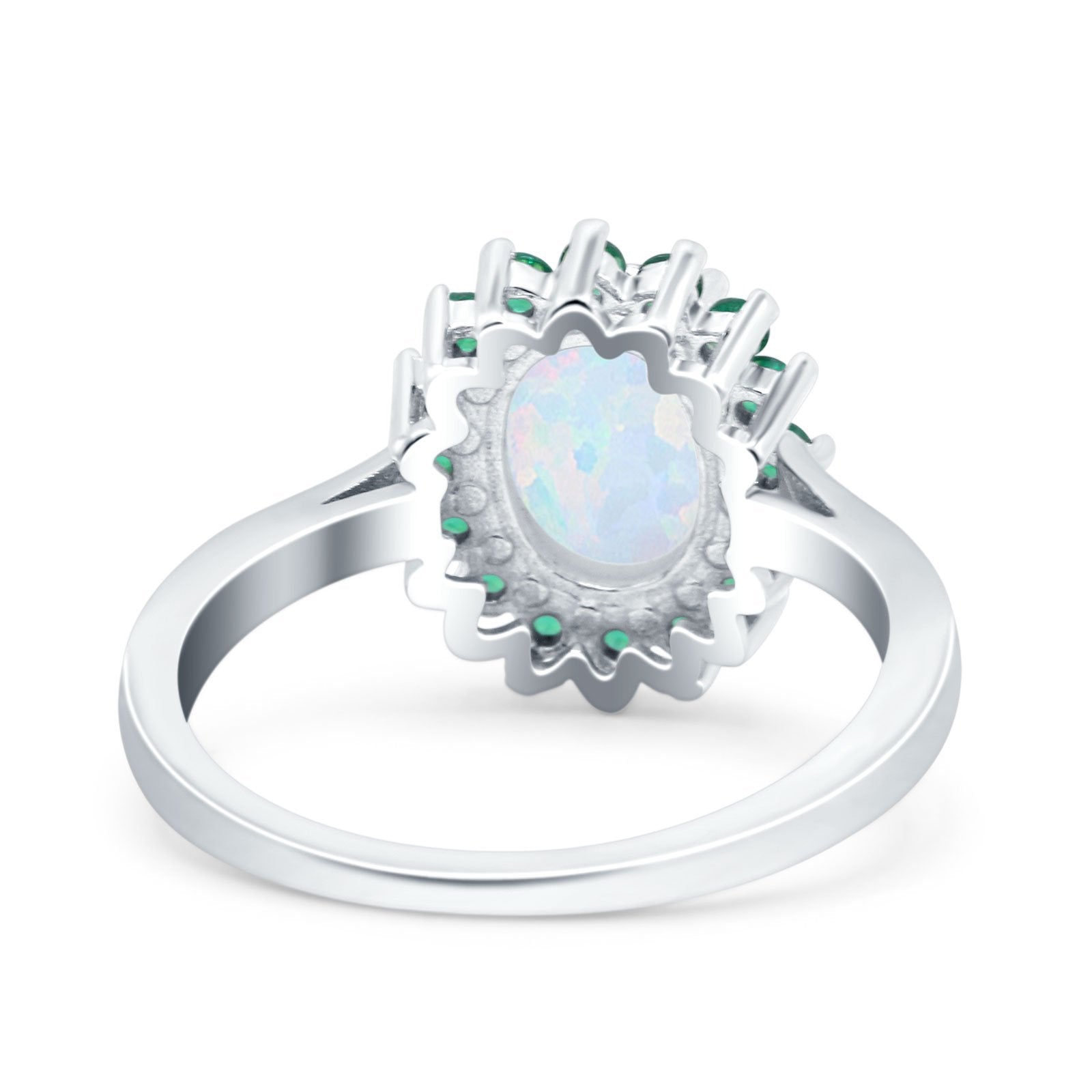Oval Art Deco Wedding Ring Simulated Green Emerald Lab Created White Opal 925 Sterling Silver