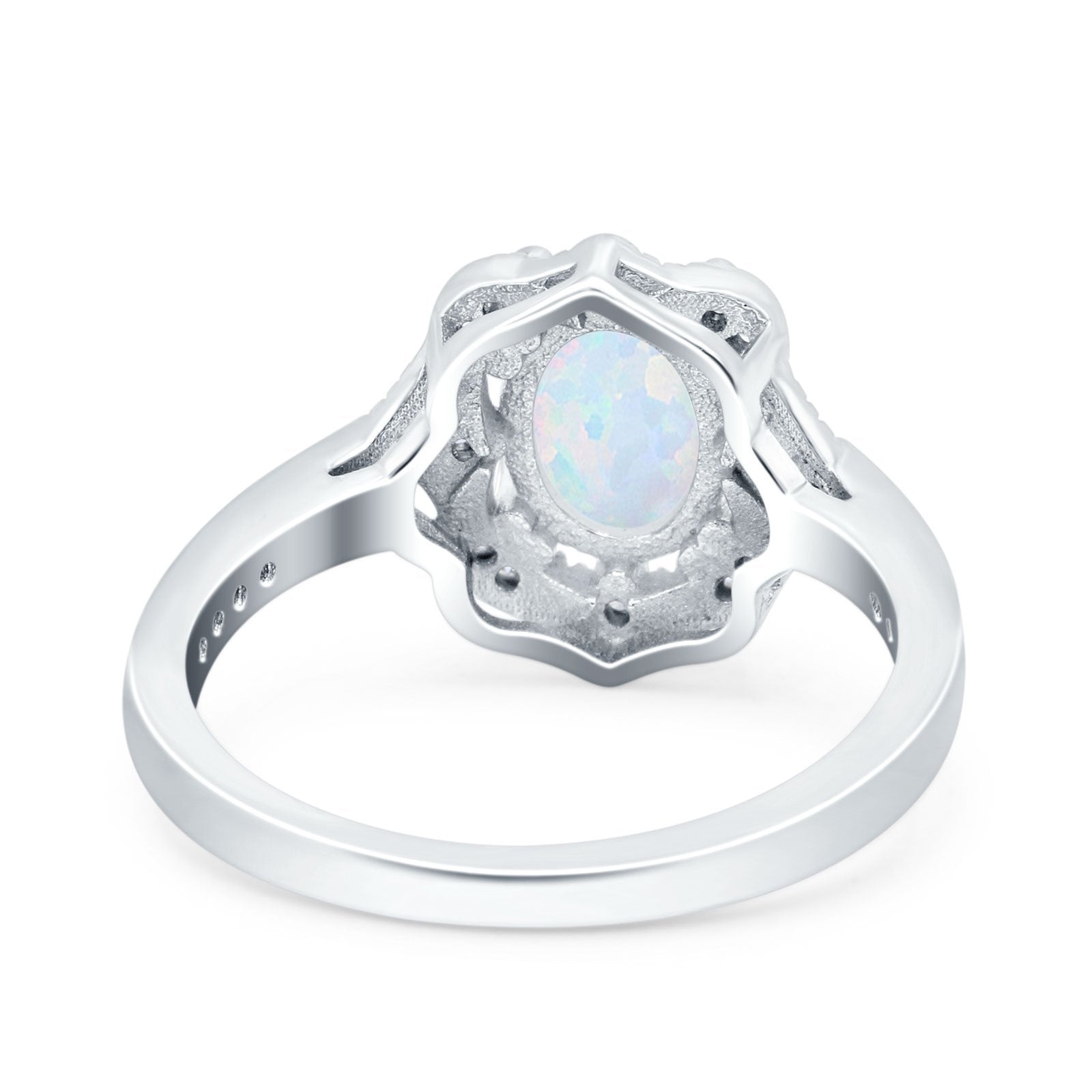 Oval Art Deco Wedding Ring Accent Vintage Lab Created White Opal 925 Sterling Silver