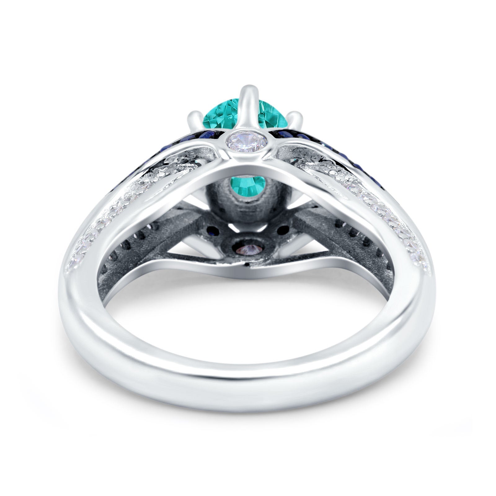 Split Shank Halo Oval Wedding Engagement Ring Blue Sapphire Simulated Paraiba Tourmaline CZ 925 Sterling Silver