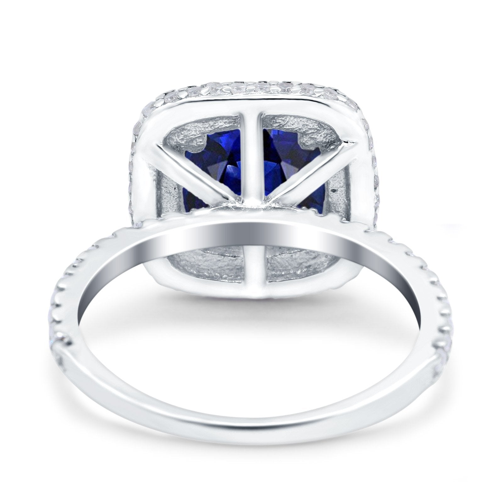 Halo Art Deco Cushion Cut Wedding Ring Simulated Blue Sapphire CZ 925 Sterling Silver