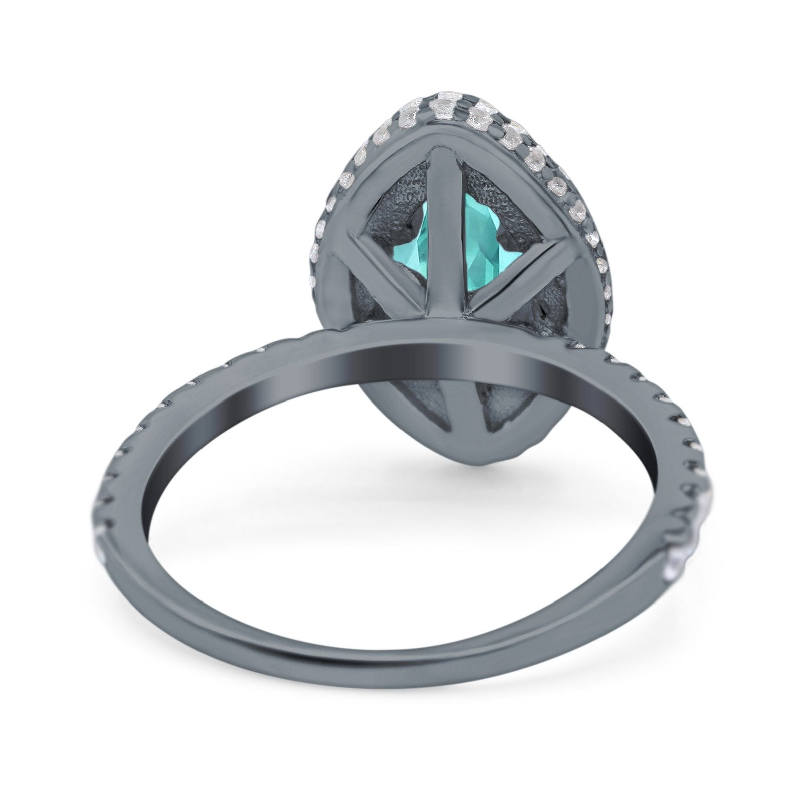Halo Art Deco Marquise Wedding Ring Black Tone, Simulated Paraiba Tourmaline CZ 925 Sterling Silver
