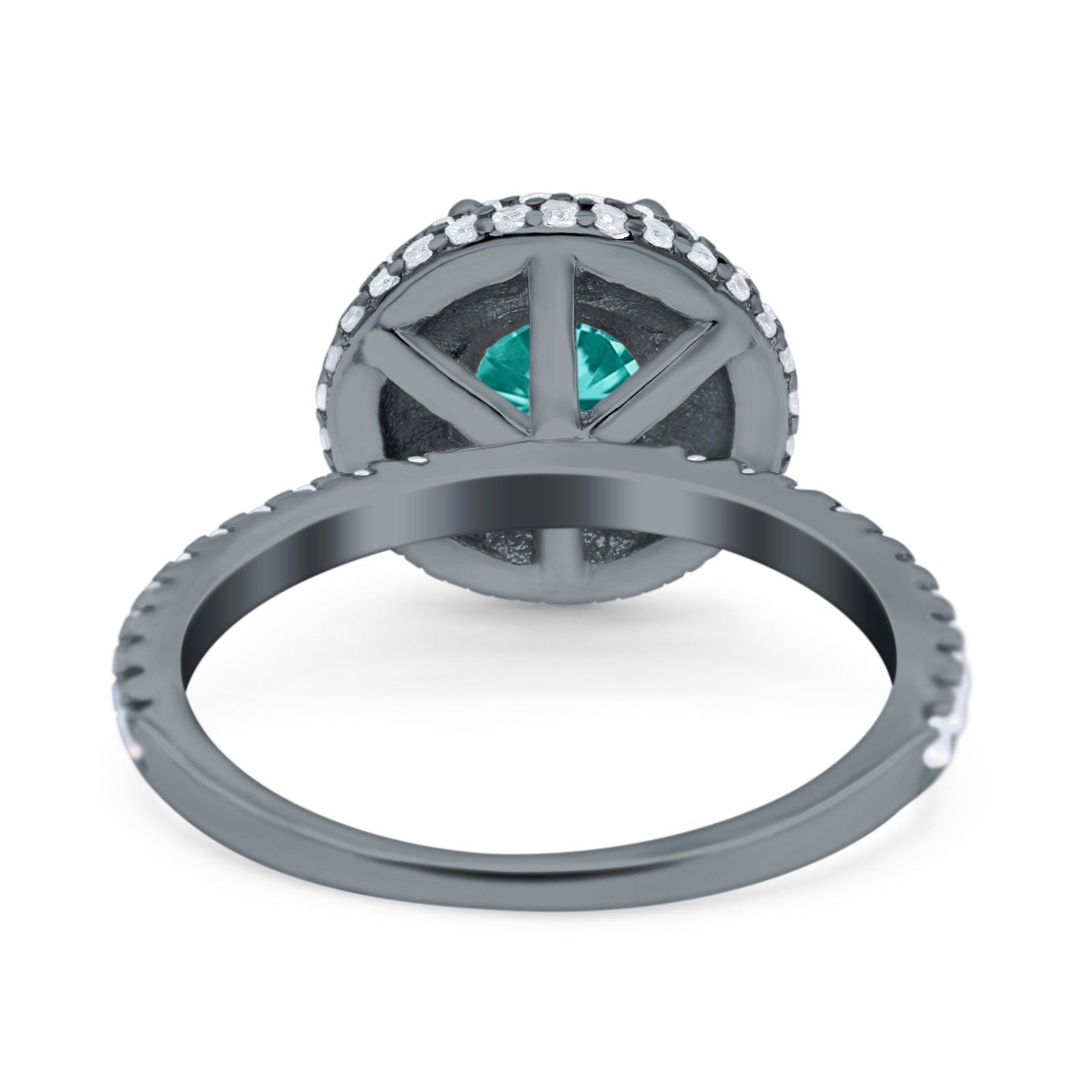 Halo Art Deco Wedding Ring Round Black Tone, Simulated Paraiba Tourmaline CZ 925 Sterling Silver
