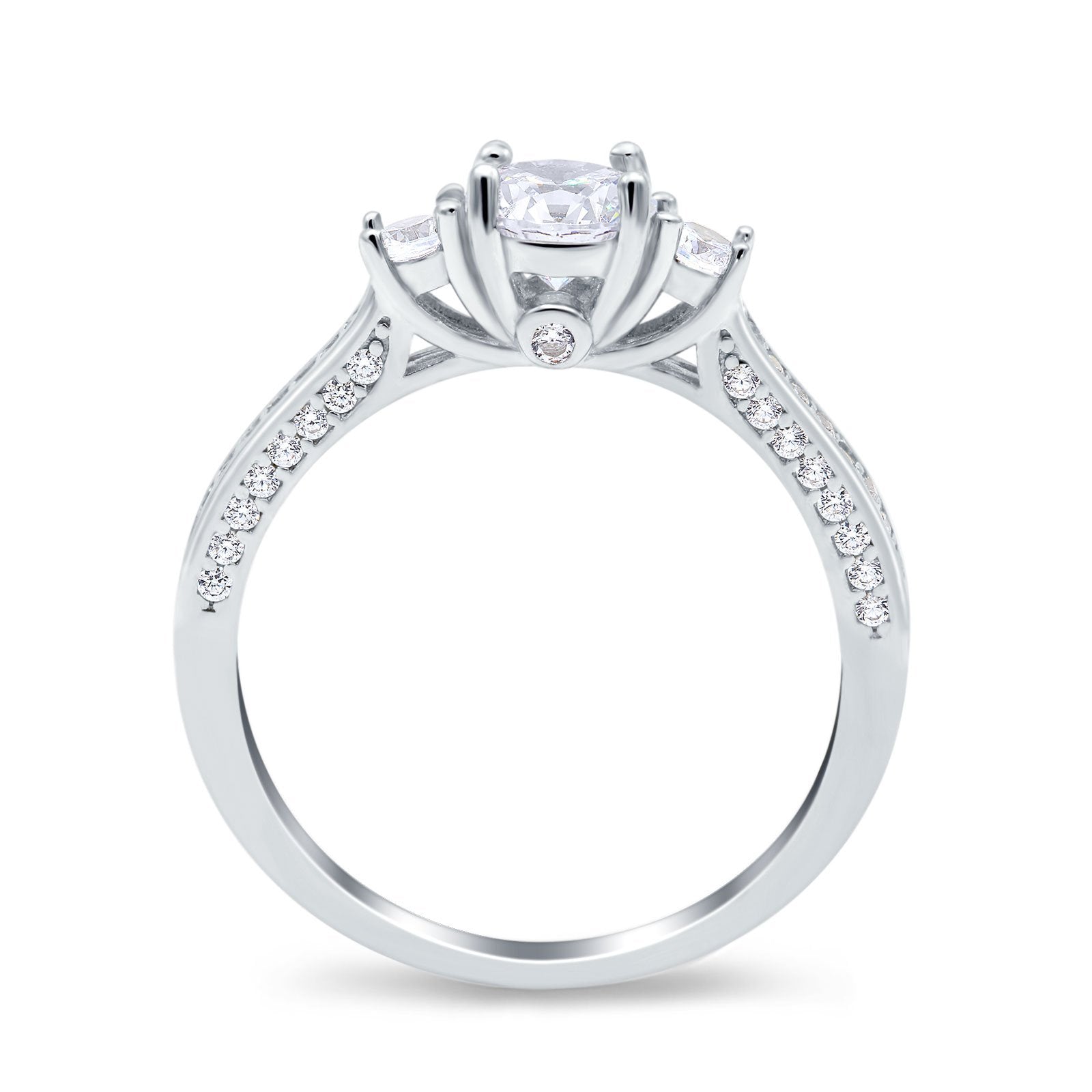 14K White Gold Three Stone Vintage Engagement Bridal Ring Round Simulated Cubic Zirconia Size-7