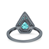 Halo Art Deco Solitaire Accent Pear Wedding Bridal Ring Black Tone, Simulated Paraiba Tourmaline CZ 925 Sterling Silver