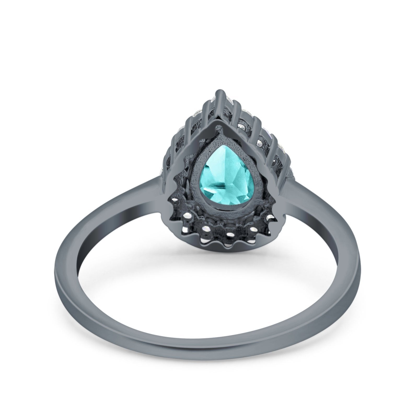 Teardrop Halo Art Deco Pear Wedding Ring Black Tone, Simulated Paraiba Tourmaline CZ 925 Sterling Silver