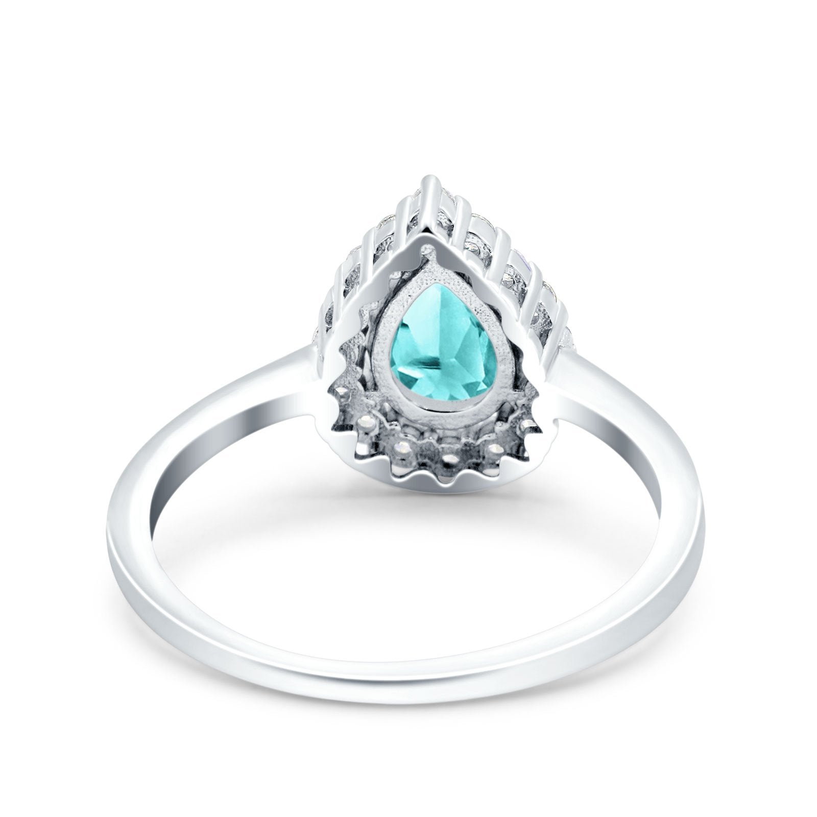 Teardrop Halo Art Deco Pear Wedding Ring Simulated Paraiba Tourmaline CZ 925 Sterling Silver
