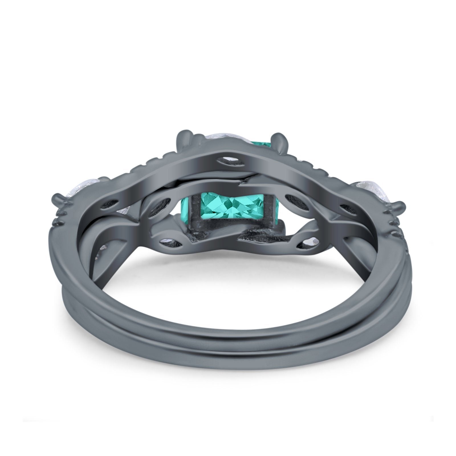 Two Piece Bridal Ring Art Deco Princess Cut Engagement Black Tone, Simulated Paraiba Tourmaline CZ 925 Sterling Silver
