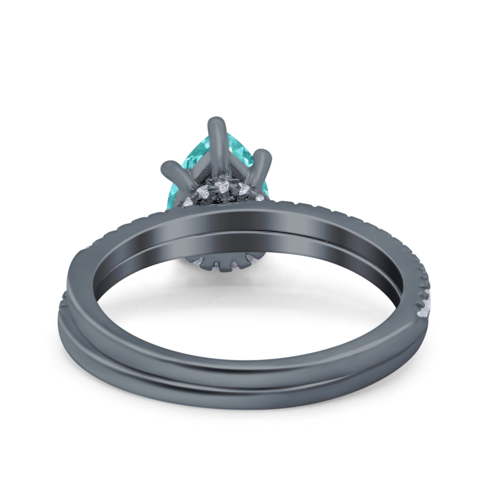 Two Piece Art Deco Pear Engagement Bridal Ring Band Black Tone, Simulated Paraiba Tourmaline CZ 925 Sterling Silver
