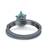 Two Piece Art Deco Pear Engagement Bridal Ring Band Black Tone, Simulated Paraiba Tourmaline CZ 925 Sterling Silver