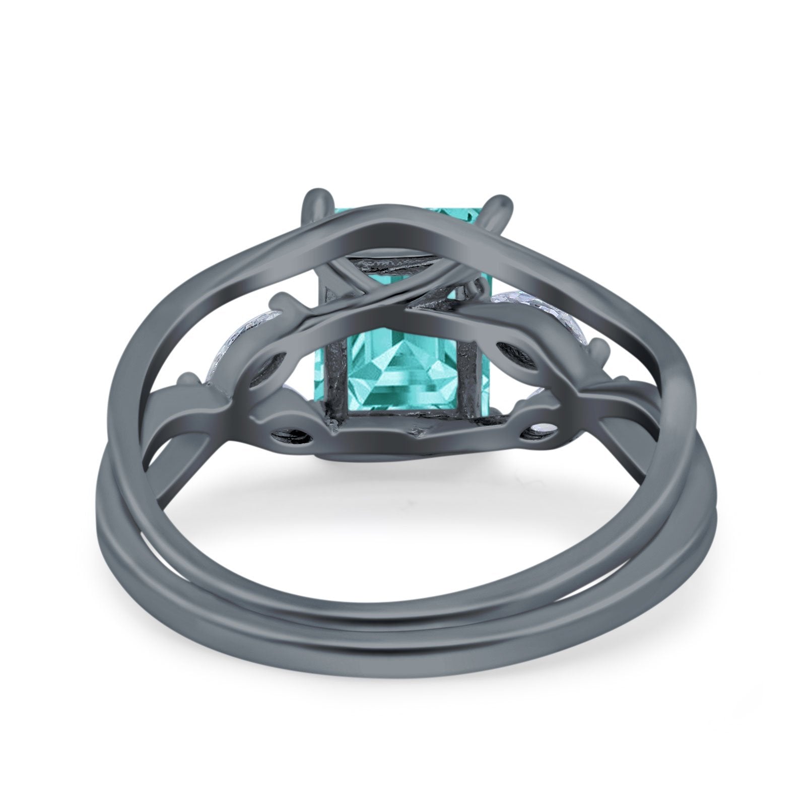 Two Piece Art Deco Emerald Cut Wedding Ring Black Tone, Simulated Paraiba Tourmaline CZ 925 Sterling Silver