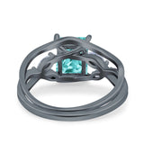 Two Piece Art Deco Emerald Cut Wedding Ring Black Tone, Simulated Paraiba Tourmaline CZ 925 Sterling Silver
