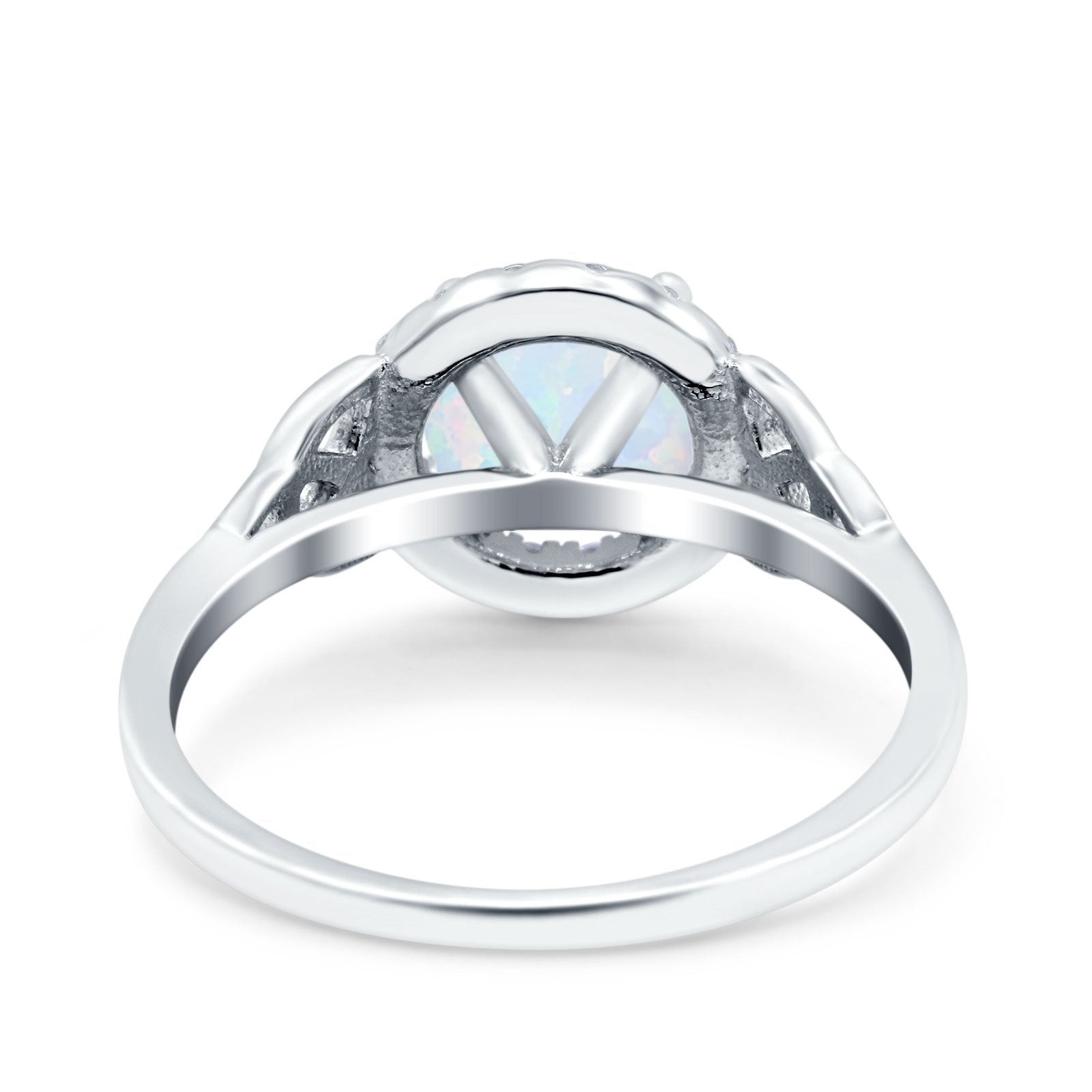 Celtic Halo Art Deco Wedding Ring Round Lab Created White Opal 925 Sterling Silver
