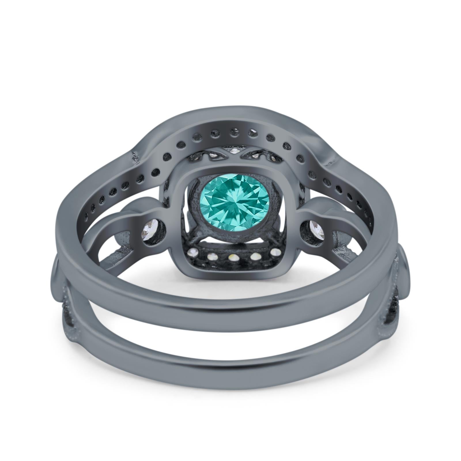 Two Piece Art Deco Wedding Ring Band Round Black Tone, Simulated Paraiba Tourmaline CZ 925 Sterling Silver