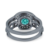 Two Piece Art Deco Wedding Ring Band Round Black Tone, Simulated Paraiba Tourmaline CZ 925 Sterling Silver