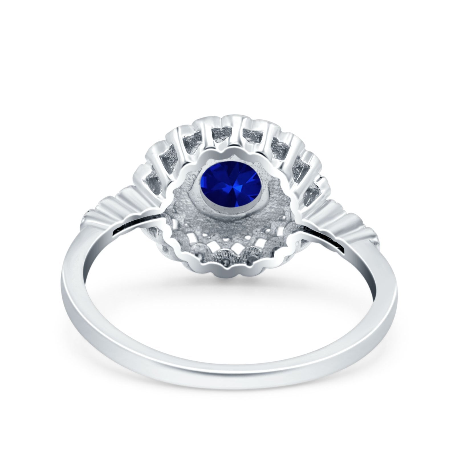 Halo Art Deco Wedding Ring Round Simulated Blue Sapphire CZ 925 Sterling Silver